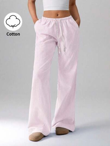 Flirla Pink Cotton Low Waist Drawstring Tie Straight Leg Pants, Fashionable Casual Loungewear For Women, Spring Season Fall Cloth For Women