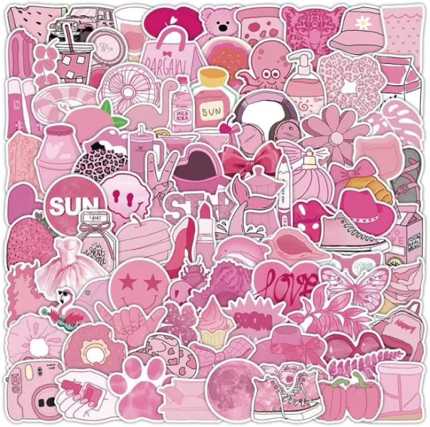 100PCS Preppy Pink Stickers Pack, Waterproof Vinyl Decals for Water Laptop & Phone
