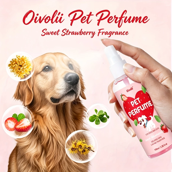 OIVOLII Pet Perfume, Pet Fragrance Spray, Sweet Strawberry Scent, Strawberry Fields Pet Deodorizing Mist 3.38oz | Plant-Based Fragrance Pets Adore, Long-Lasting Odor Neutralizer, Natural Enzyme Formula For Fur & Bedding Refresh