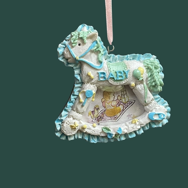 Vintage Rocking Horse Baby Photo Frame Ornament Pastel Christmas Nursery Decor