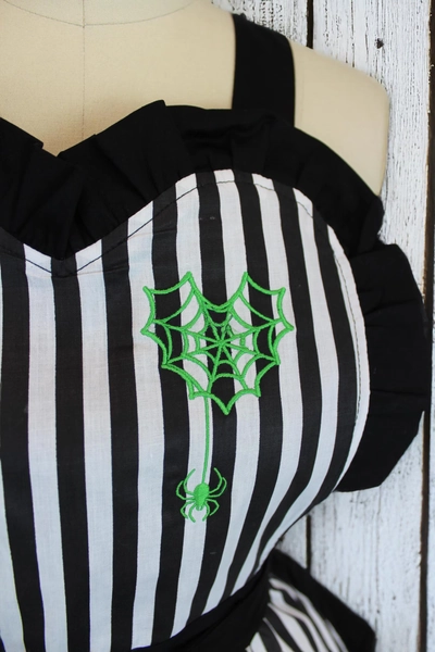 Neon Green Spiderweb Heart Black & White Striped Vintage Inspired Apron