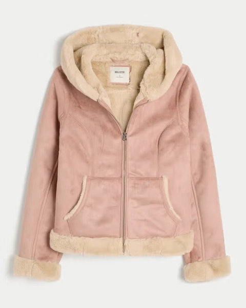 Faux Fur-Lined Faux Shearling Hoodie Jacket