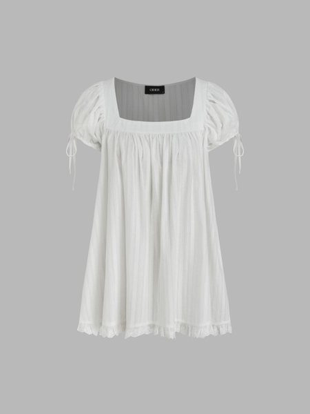 100% Recycled Cotton Square Neck Solid Ruffle Knotted Short Sleeve Blouse