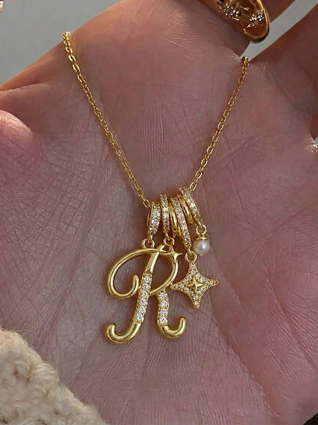 1pc Women's Elegant Zirconia Crystal Letter A-Z & Star Decor Pendant Necklace, Suitable For Summer Beach Vacation, Classic Retro Pendant Necklace, Suitable For Daily Wear Or Gatherings