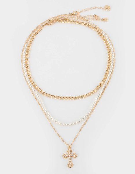 FULL TILT Layered Pearl Cross Necklace - GOLD