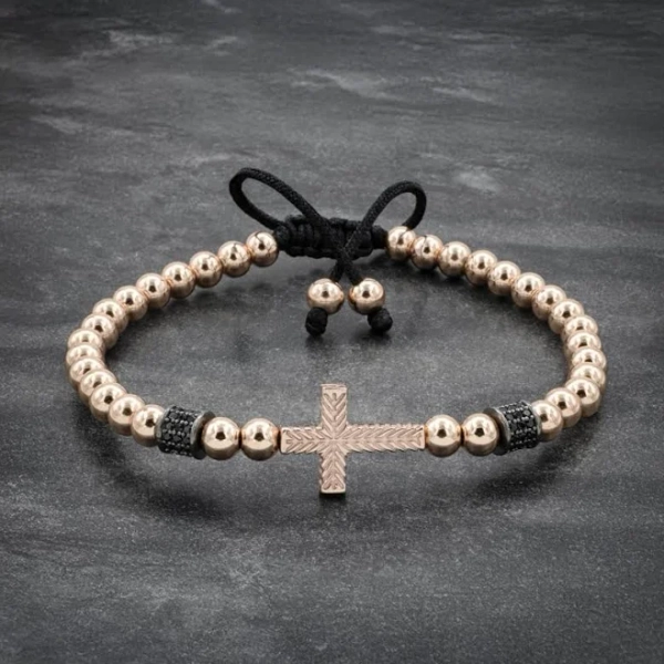 Rose Gold Beaded Cross Bracelet with Black Zircon