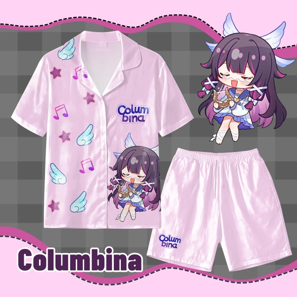 Genshin Impact Columbina Pajama Set - Cute Anime Character Print Short Sleeve Shirt & Shorts Sleepwear for Anime Fans, Soft Loungewear