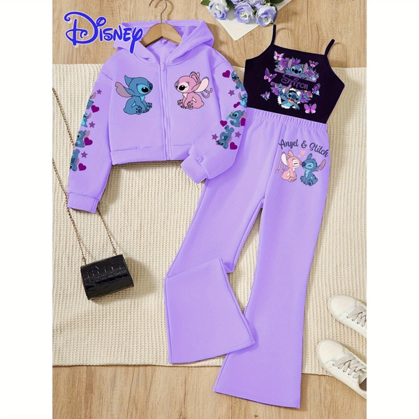 Official Disney- Stitch Cartoon Print Hooded Cardigan + Sleeveless Vest + Pants Set for Girls - Soft Breathable Fabric, Casual School Style, Ideal Gift for s, Light Beige-Friendly