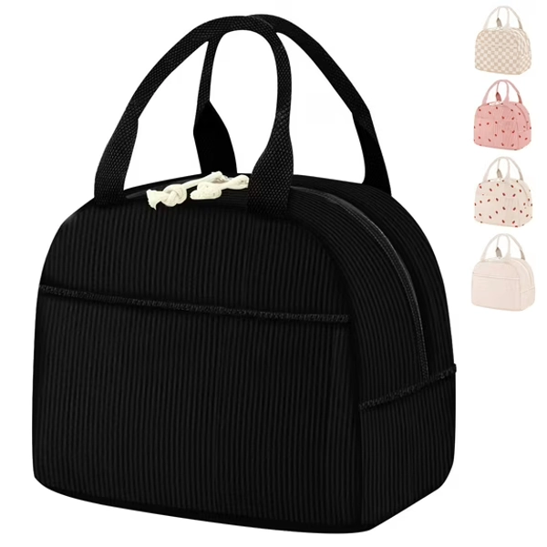 Livhil Corduroy Lunch Bag for Women, Reusable Cute Lunch Tote Bag Insulated lunch Bag for Work Picnic, Black