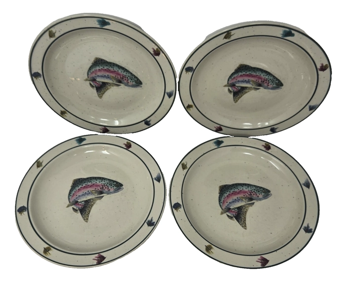4 Rainbow Trout Folkcraft Salad Dessert Plates Scotty Z Fish Lures  8 1/2” .