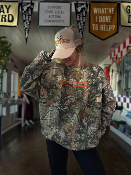 Vintage Camo + Orange Boxy Sweatshirt — PEACE LOVE AUTISM