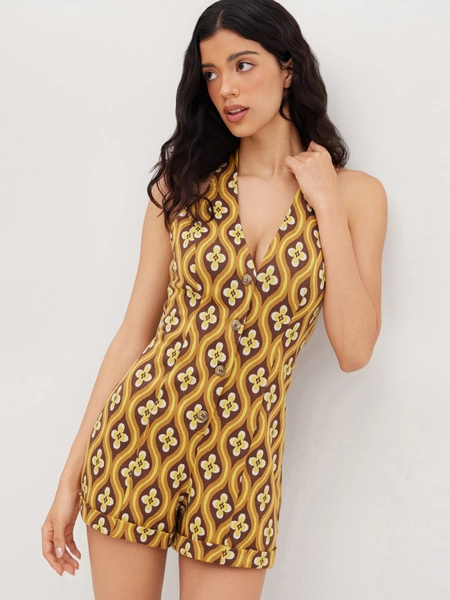 Jacquard Jacquard V-neck Geometric Button Roll Hem Romper For Vacation