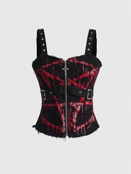ROMWE Spring/Summer Casual Red Gothic Pentagram Fluid Print Metal Rivet Eyelet Design Skinny Denim Vest - Size L