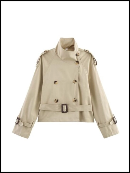 Double Breasted Stand Collar Cropped Trench Coat with Belt