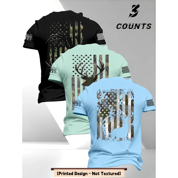 3-Pc Men'S Short-Sleeve T-Shirts, American Patriotism 250Th Anniversary Print Crew Neck Short-Sleeve T-Shirts, Breathable Polyester, Machine Washable, Perfect for Summer Outings, Casual And Versatile [Printed Design - Not Textured]