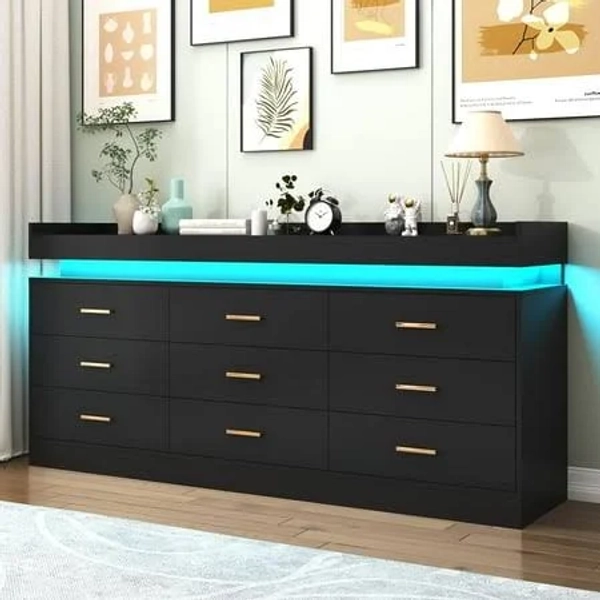 Chvans Modern Wood Dresser with LED Light and Charging Station