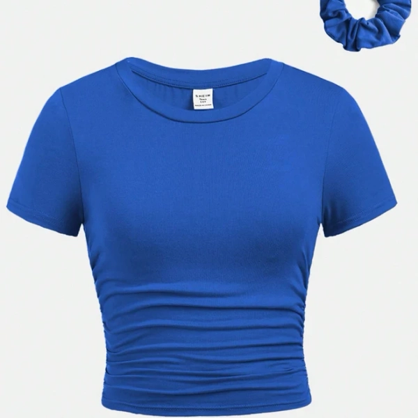 Tween Girl Fitted Round Neck Short Sleeve Ruched Side T-Shirt