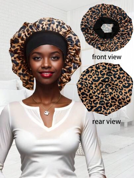 1pc Large Leopard Satin Silk Hair Bonnet For Sleeping,Elastic Wide Band Bonnets For Women Braids,Silk Hair Wrap Night Sleep Caps For Women Curly And Natural Hair.