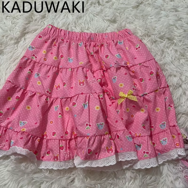 Japan Style Kawaii Vintage Cartoon Print Cake Skirts Elastic High Waist A-line Lace Gown Ball Jupe Y2k Aesthetic Pink Faldas - AliExpress 200000345