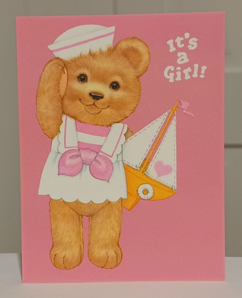 Vintage Greeting Card Girls Baby Shower Ambassador Sailor Bear 1980s