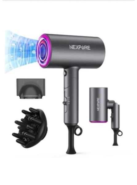 NEXPURE - Hair Dryer 1800 watt Ionic Blow Dryer Professional Lightweight 410 gram Fast Drying Dual Attachment - Gray