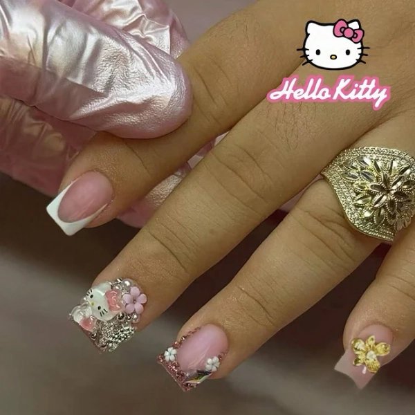 Sanrio Sanrio Hello Kitty 24pcs Short Square 3d Gel & White French Tip Press On Nails With Cute Three-Dimensional Hello Kitty,Diamond Butterfly