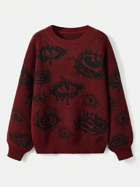 Casual Eye Pattern Drop Shoulder Sweater, Autumn/Winter