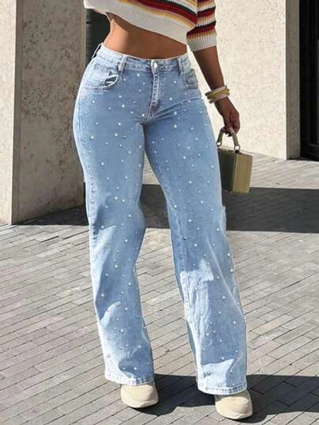 Women's Washed Pearl Embellished Loose Straight Leg Jeans, Suitable For Dating, Commuting, And Casual Outings