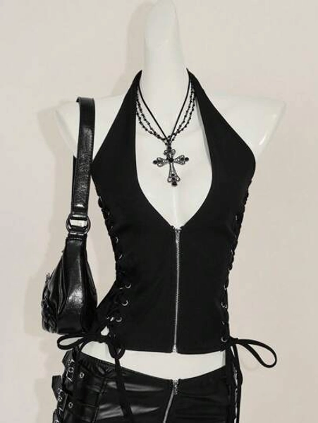 SHEIN ICON Summer Y2K V Neck Going Out Concert Women's Concert Black Goth Sexy Grommet Solid Color Fashion Side Cross Strap Halter Tank Top, Summer