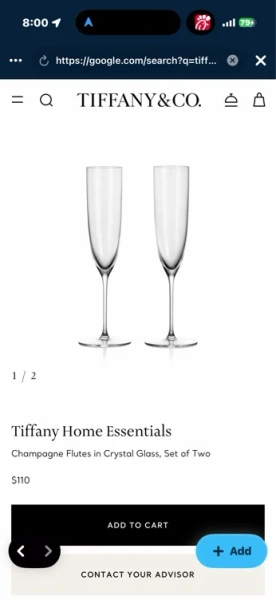 Tiffany Home Essentials Champagne Flutes in Crystal Glass, Set of Two