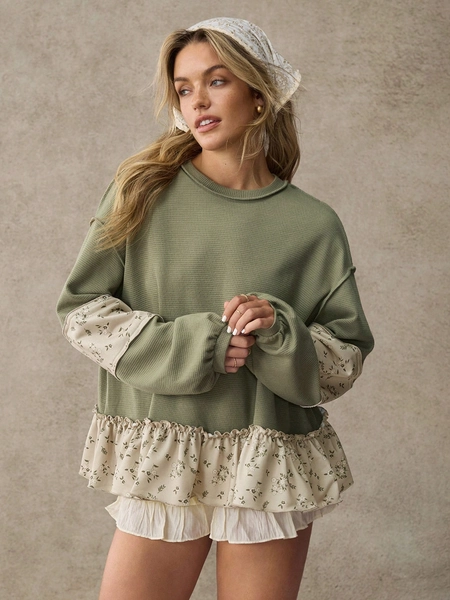 WESTFADE Patchwork Floral Print Mixed Media Waffle Knit Round Neck Balloon Sleeve Ruffle Peplum Oversized Sweatshirt