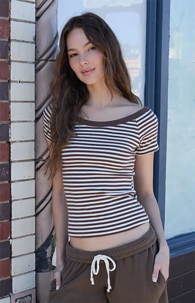 Brown & White Striped Ginny Off-The-Shoulder Top