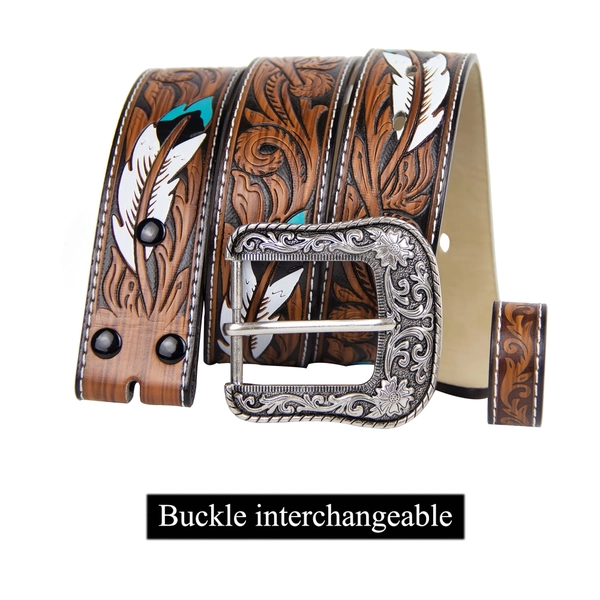 Women's Western Belt - Adjustable Brown Faux Leather with Heavy-Duty Alloy Buckle, Vintage Western Belt buckle with Floral Feather & SWirl Design, 7-Hole Lace-Up System, Compatible with Jeans, Cowboy Dresses, Western Outfits - Ideal Western Gift for Women (Brown/Black/Blue/Gray/White/Teal/) - Perfect for Country Western Style & Everyday or Formal Events, Belt Buckles for Women