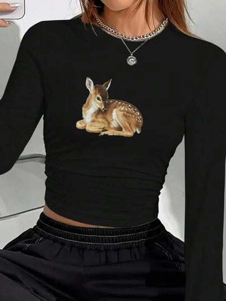 Fawn Young Deer Illustration Women's Fashion Long Sleeve Shirt