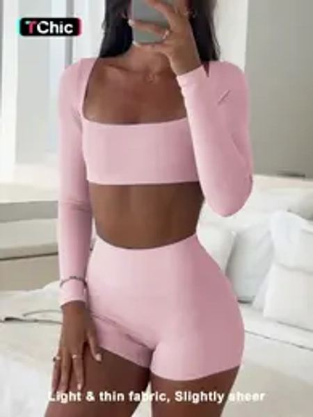 Women's Casual Sporty Plain Long Sleeve Top & Shorts Casual Athleisure Activewear Clothing Activewear Set, Slim-Fit Thin Fabric for Fall Season, Comfortable Daily Wear Apparel, Athleisure Outfit