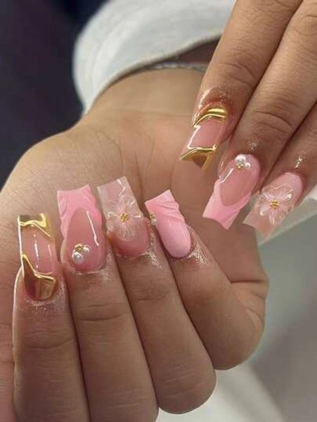 24Pcs Long Square 3D Gel Nail Makes Flower Nails With Pearls Design Pink French Tip Press On Nails Medium Acrylic Fake Nail Set, Include: 1Pc Jelly Glue And 1Pc Nail File, Easy To Wear Summer Nails & French Tip Nails Art For Woman & Girl For Daily Wear And Party Use Nail Supplies Nails