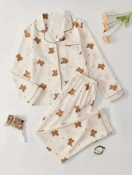 2pcs Women Long Sleeve Top & Pants Pajama Set, Casual Loose Homewear With Bear Print, Suitable For Indoor & Outdoor, Spring/Autumn/Winter,Two Pieces Set, Fall Clothes