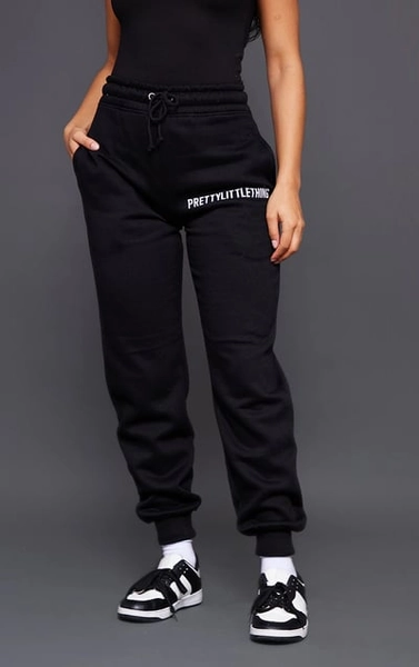 Prettylittlethings Black Logo High Waisted Cuffed Sweatpants