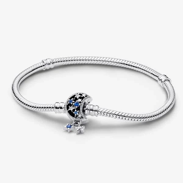 Pandora Sterling Silver Sparkling Moon Clasp Snake Chain Bracelet