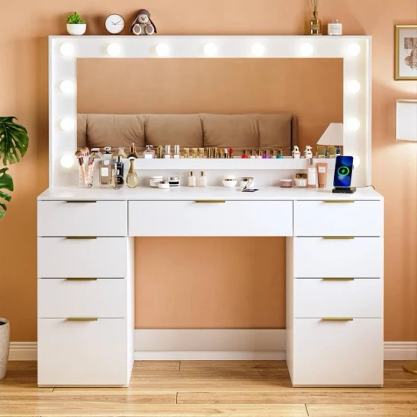 Ebern Designs Vanity Desk with Large Mirror, Lights, 9 Drawer, and Power Outlet