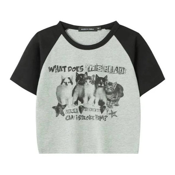 Y2K Slim Graphic Cat Print T-Shirt