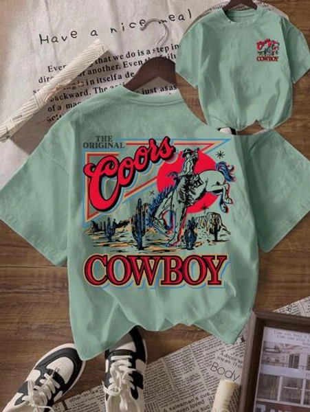 Western Cowboy Print T Shirt Casual Comfy Crew Neck