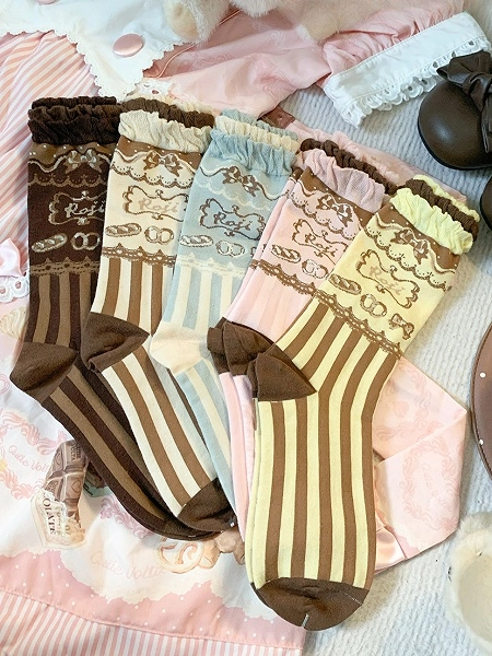 [£5.90]5 Colors Dessert Print Striped Sweet Lolita Calf Socks