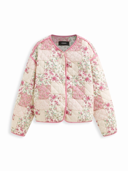 Floral V-neck Contrasting Binding Button Oversized Puffer Jacket
