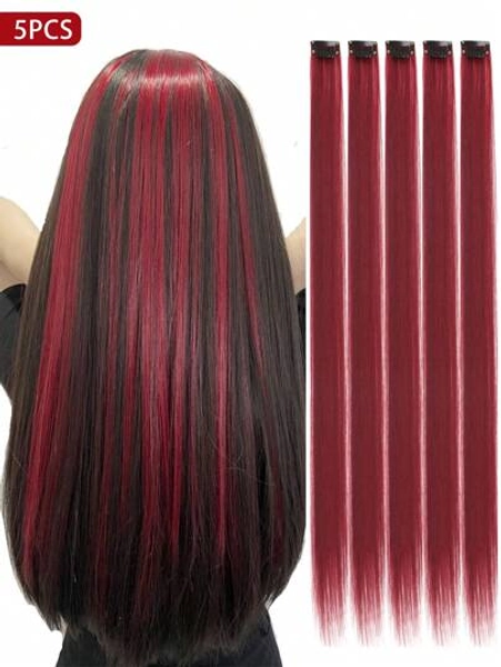 5 PCS Red Colored Clip In Hair Extensions 20 Inch Long Straight Hairpieces Clip In Synthetic, Halloween Cosplay Dress Up Fashion Party Christmas New Year Gift For Women Christmas New Year Carnival Music Festival Use(RED)