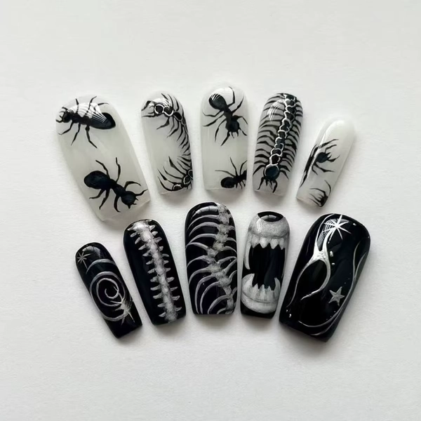 24pcs Thriller Style False Nails With Halloween Ant Bugs Pattern Wearable Press On Nails Ballet Black Punk Nail Art Decoration