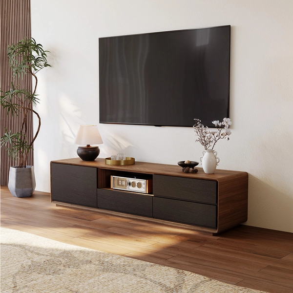 Modern Wood Black TV Stand, Lowline TV Console With Drawers, Open Storage, Cabinet, Walnut Veneer, Fully-Assembled, 62.99"