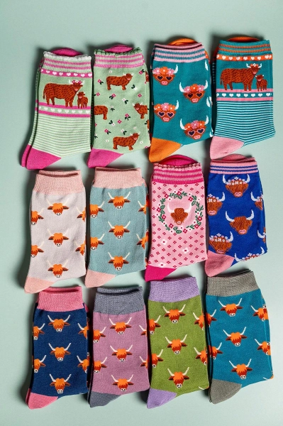 Ladies Highland Cow Bamboo Socks Navy | Blue | Pink