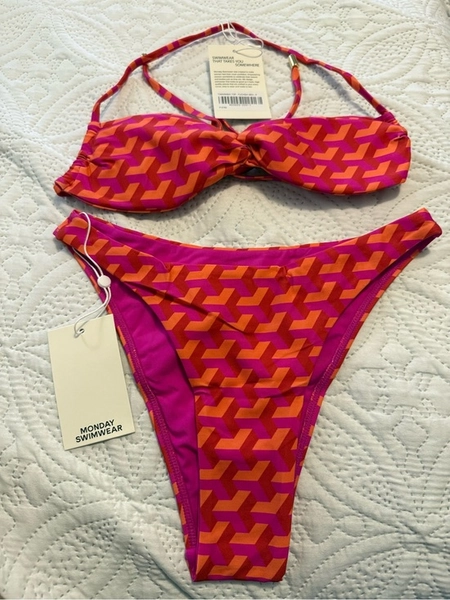 Monday Swimwear Pink and Orange Geometric Bandeau Bikini