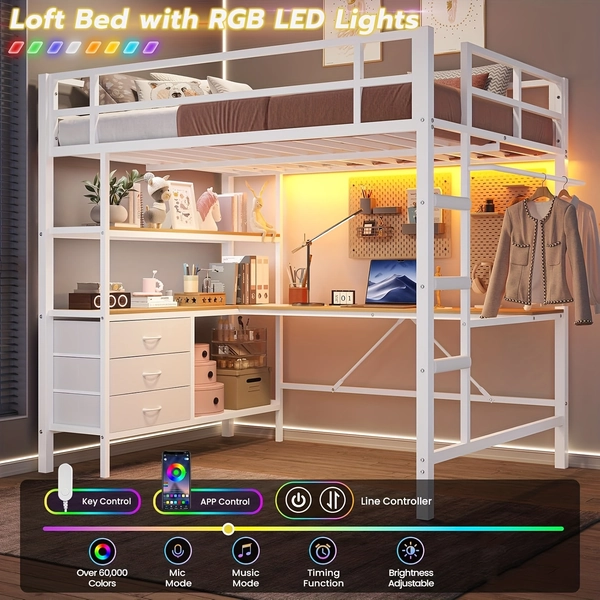 Full Size Loft Bed with RGB App-Controlled LED Lights & Charging Station (/Outlets) - Heavy-Duty Metal Frame Suitable for Bedroom, Space-Saving Bed with Storage Drawers, Shelves & Hanging Rail - No Box Spring Needed, Modern /s
